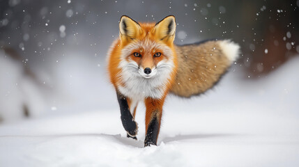 A walking fox with big tail.