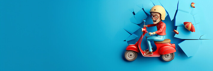 A 3D delivery man riding a scooter jump breaking through blue wall with a hole in the right. With left blank copy space.