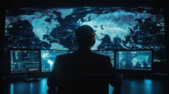 High-tech command centers monitor global operations on screens, Command center with multiple screens displaying ERP dashboards.