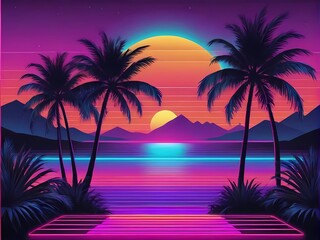 Neon island paradise with vibrant blue ocean, vintage grid patterns, and glowing disco sunset
