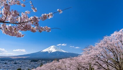 満開の桜の花々が富士山を額縁のように囲み、背景には澄んだ青空が広がる。淡いピンク色の桜と、遠くにそびえる白い富士山の対比が美しい春の風景