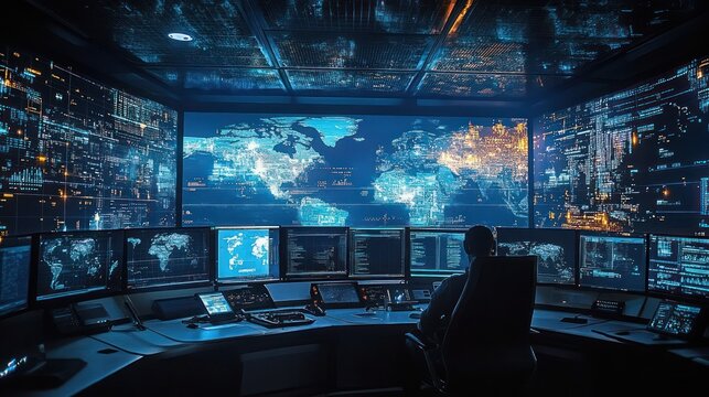 High-tech command centers monitor global operations on screens, Command center with multiple screens displaying ERP dashboards.