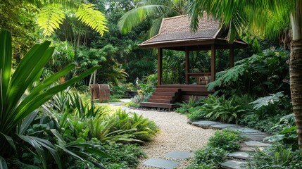 Obraz premium A rustic Thai front yard garden with a small wooden gazebo, surrounded by ferns, palms, and a stone path, no people, no logo.