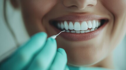 A close-up shot of a smiling person's mouth as they undergo a dental examination, with a dental instrument held by a gloved hand, highlighting oral care.