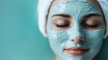 Fototapeta premium A serene woman wrapped in a towel lies back with her eyes closed, wearing a green mask against a blue background, embracing tranquility and self-care indulgence.