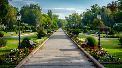 Fototapeta premium Serene Garden Path with Stone Walkway and Lush Greenery