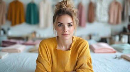 A woman with a confident expression stands in a store wearing a bright yellow sweater, surrounded by colorful garments in the background, giving a cozy vibe.