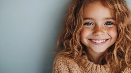 A freckle-faced girl with curly hair shines with a joyful smile, exuding warmth and cheerfulness, embodying the vibrant and carefree spirit of youthfulness.