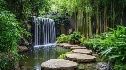 Naklejka premium A serene Chinese garden featuring a stone pathway, a small waterfall, and bamboo plants, no people, no logo.