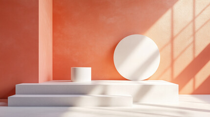 Minimalistic interior scene with geometric shapes on a coral wall background and light shadows for design