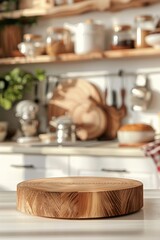 Elegant round wooden serving platter. Wooden podium on soft, neutral kitchen background.
