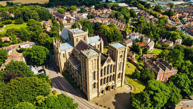 Aerial View of Historic Cathedral Surrounded by Greenery in Ripon, North Yorkshire, UK