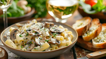 Creamy Mushroom Pasta with Garlic Bread and White Wine
