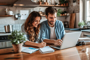 A couple is planning a budget at the kitchen table. Smiling man