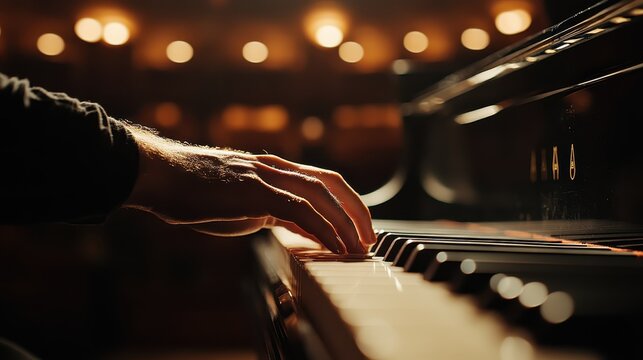 A close-up of a man's hands playing a grand piano on stage, illuminated by dim lighting, capturing the essence of a passionate musical performance. - Powered by Adobe