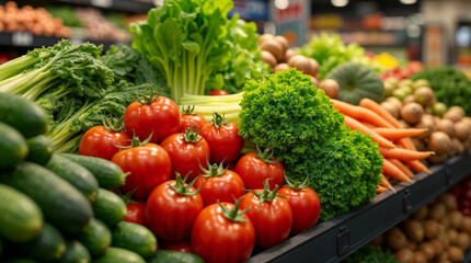 a variety of fresh vegetables, including tomatoes, zucchinis, and leafy greens, displayed on a shelf in a grocery store