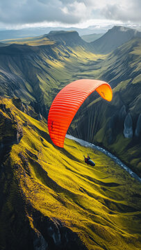 Parachuter - Phone Wallpaper, paragliding, mountains, landscape, nature, adventure, green, cliffs, river, scenery, aerial view, sport, flying, extreme, outdoors, valley