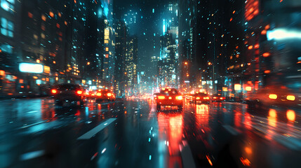 Obraz premium Night city street bokeh effect, dark blurry background with lights, generative ai. City at Night. Illustration