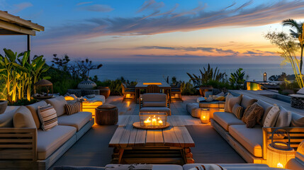 Fototapeta premium Luxury Oceanfront Terrace with Sunset Views and Cozy Ambiance