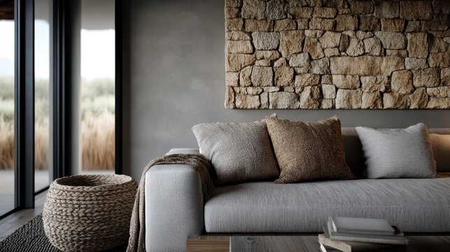 A modern living room featuring a comfortable sofa and a stone accent wall, creating a cozy and stylish atmosphere with a blend of natural and contemporary elements.