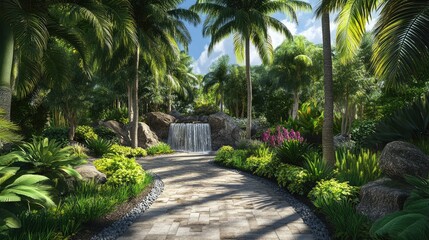 Fototapeta premium A tranquil resort-style front yard with a shaded garden, palm trees, and a small waterfall, no people, no logos.