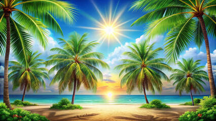 Fototapeta premium serene summer background featuring vibrant palm trees under bright sun, creating tranquil beach atmosphere. scene evokes feelings of relaxation and warmth