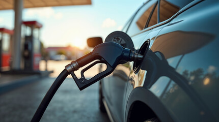 Naklejka premium A fuel nozzle inserted into the gas tank of a silver car at a fueling station.