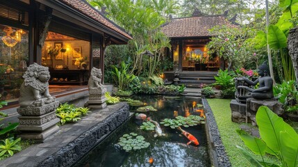 Obraz premium Balinese-style front yard with a koi pond, carved stone statues, and frangipani trees, no people, no logo.