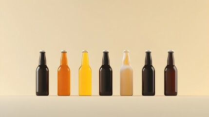 Sleek and sophisticated 3D rendered of beer bottles with frothy foamy heads in a minimalist flat design style  Perfect for branding packaging advertising or other commercial uses related to beer