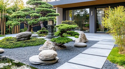 Obraz premium Chinese-style front yard with bonsai trees, intricate stone lanterns, and a water feature with koi fish, no people, no logo.