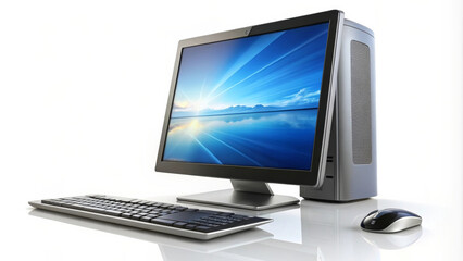 Fototapeta premium Modern computer with sleek design, featuring large monitor, keyboard, and mouse, set against white background. This setup is perfect for any workspace or home office