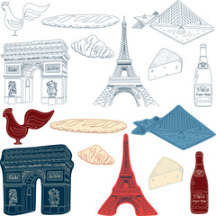 Timeless Paris: A wonderful Line Art Collection Showcasing the Essence of Paris – Tower, Arc , museum of art, Wine, Cheese, Baguette, Croissant and the Iconic Rooster