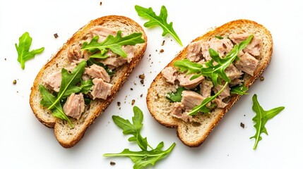 Toast with Canned Tuna fish and arugula. Isolated on white background, top view