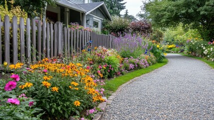 Obraz premium English country front yard with a curved gravel path, vibrant perennial flowers, and a quaint picket fence, no people, no logo.