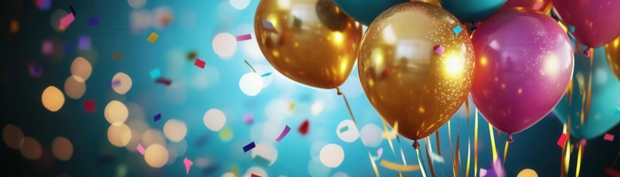 Golden balloons and colorful confetti falling in a festive celebration, bright and cheerful background, dynamic movement, warm lighting, party mood, wideangle shot