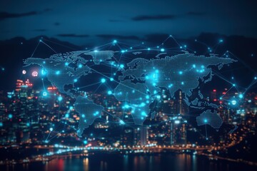 Digital world map with glowing global connections over a vibrant city skyline at night illustrating network and communication technology