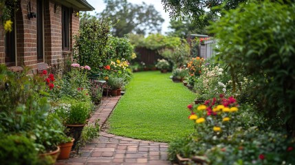 Fototapeta premium English country-style front yard featuring a lush green lawn, potted flowers, and a rustic brick pathway, no people, no logo.