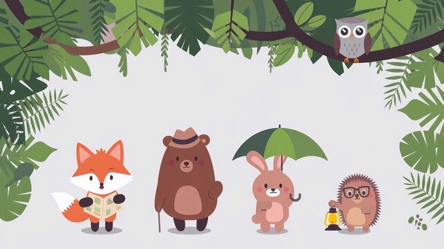 ungle animal stickers: fox, bear, rabbit, owl, hedgehog, cute design on white background.