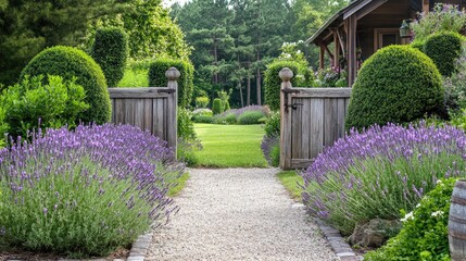 Obraz premium English country-style front yard garden with lavender bushes, topiary trees, and rustic wooden gates, no people, no logo.
