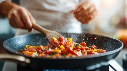 A chef delicately sauteing a vibrant mix of vegetables in a sizzling frying pan, showcasing culinary techniques with a focus on flavor, color, and texture in the kitchen.