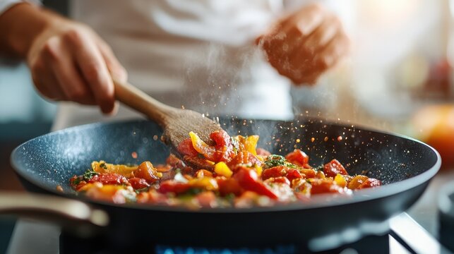 A chef delicately sauteing a vibrant mix of vegetables in a sizzling frying pan, showcasing culinary techniques with a focus on flavor, color, and texture in the kitchen.