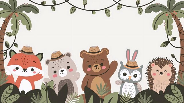 ungle animal stickers: fox, bear, rabbit, owl, hedgehog, cute design on white background.