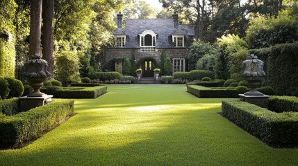 Obraz premium European front yard with lush green grass, stone sculptures, and perfectly manicured hedges, no people, no logo.