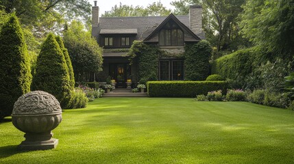 European front yard with lush green grass, stone sculptures, and perfectly manicured hedges, no people, no logo.