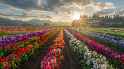 Obraz premium Vibrant Flower Field at Sunset with Mountain Views