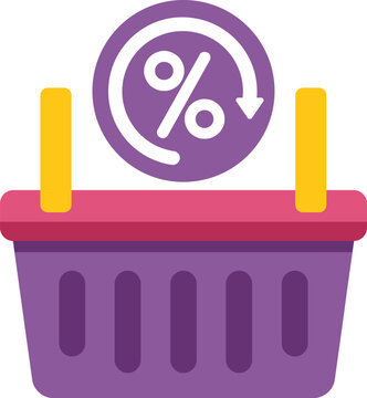 Shopping basket with a decreasing percentage sign above, symbolizing a reduction in price