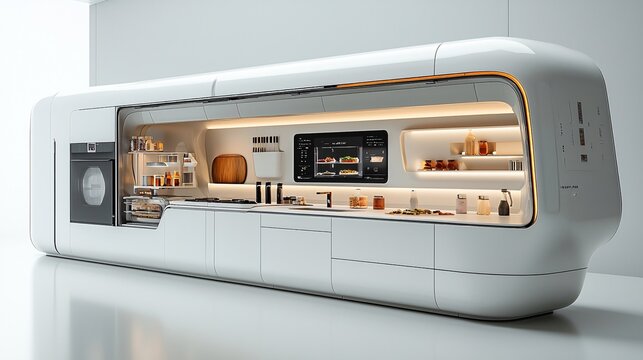 An all-white futuristic kitchen featuring smart holographic displays for recipe instructions and automated appliances