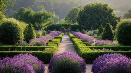 French-inspired garden with a symmetrical layout, pruned hedges, and blooming lavender, no people, no logo.