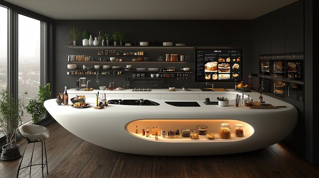 A futuristic kitchen with a sleek, white island and integrated screens that display recipes and cooking tutorials