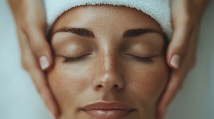 A serene woman with closed eyes experiences a soothing facial massage, promoting relaxation, wellness, and tranquility in a tranquil spa environment.